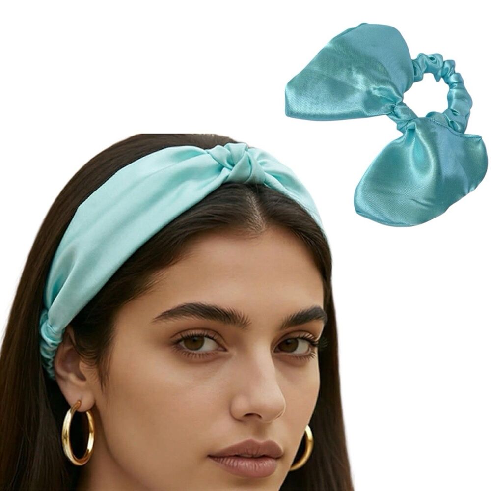 New Bow Headband Hair Ponytail Set Aqua Blue Satin Women’s & Girl